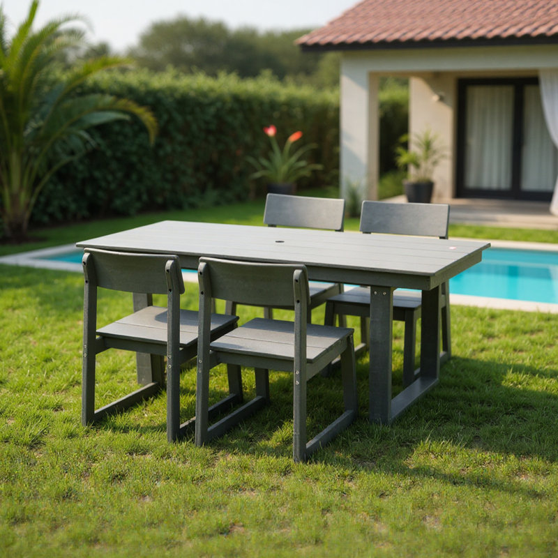 All - Weather 5 Piece Outdoor Patio Dining Featuring 69'' Rectangular Table, 4 Chairs And Umbrella Hole For Poolside, Garden, Patio, Backyard Gray, Low Maintenance With Backyard, Poolside