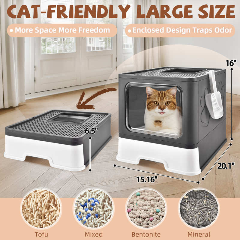 Très grand bac à litière pour chat avec tapis, bac à litière standard fermé en plastique, entrée et sortie à sens unique