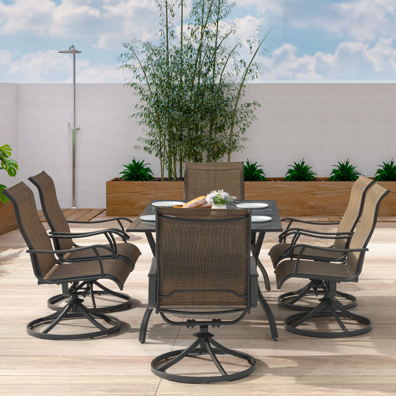 Sushpal 7-Piece Patio Iron Dining Set with PVC-coated polyester Swivel Chairs