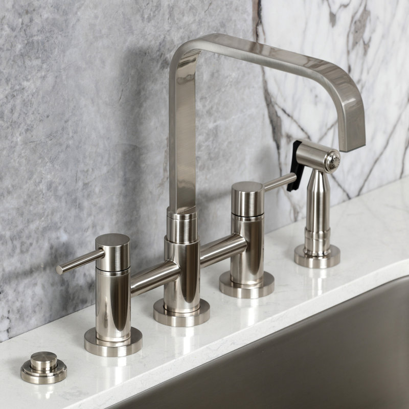 Kingston Brass Concord Two-Handle 4-Hole Deck Mount Bridge Kitchen Faucet with Brass Side Sprayer, Brushed Nickel