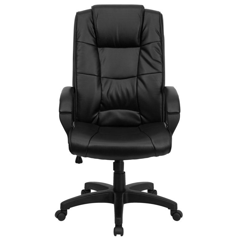  Fauteuil de direction pivotant rembourré à dossier haut et multi-lignes avec accoudoirs, Cuir noir