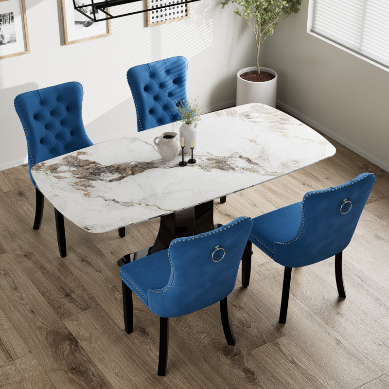 Rectangle Marble Texture Pedestal Dining Set with Velvet Tufted Dininig Chair, Blue, White, 5 Pieces: Table 4 Chairs