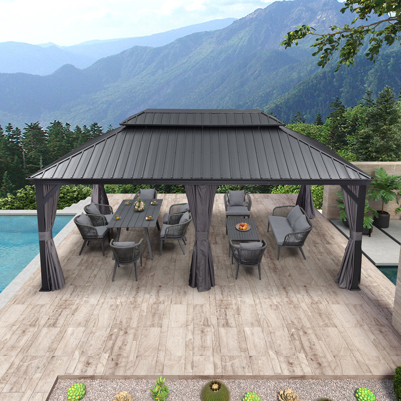 Pavillon de jardin permanent en aluminium 12 pi x 20 pi avec toit double en acier galvanisé pour terrasse et jardin, rideaux et filet inclus, gris