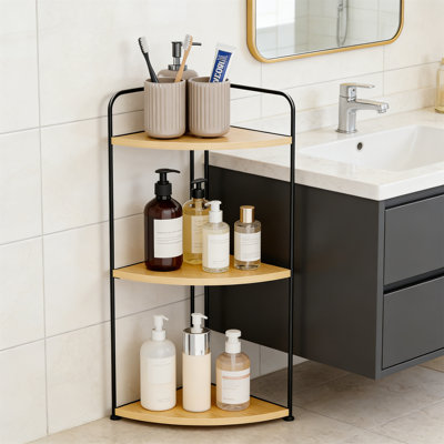 Corner Bathroom Counter Organizer, Countertop Shelf With Wooden Top For Sink Storage