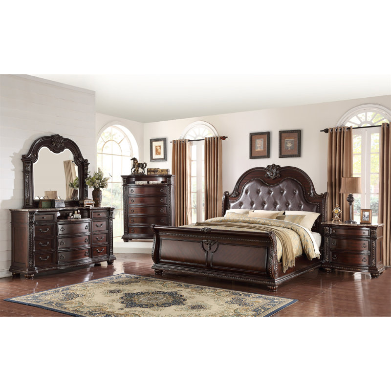 Meuble en bois massif de 1 chambre à coucher avec dessus en marbre à cinq tiroirs avec moulures complexes et silhouette courbée brune