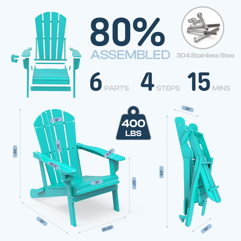 Set Of 2 Folding Adirondack Chairs With Cup Holder, All-weather Hdpe, Teal