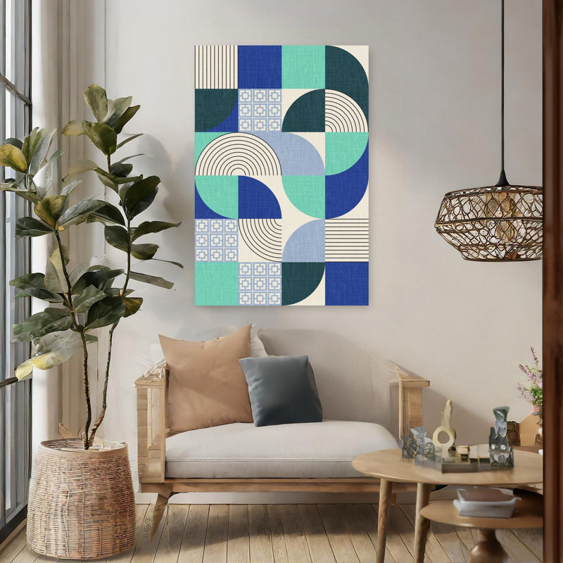 Art contemporain, art rétro moderne, palmier rétro, océan, H 48 po x l 32 po, Bleu