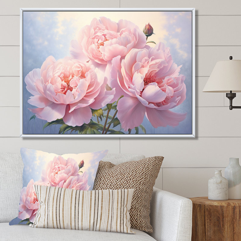 Pivoine rose II - art mural floral, H 24 po x l 32 po x P 1 po, Cadre flottant blanc