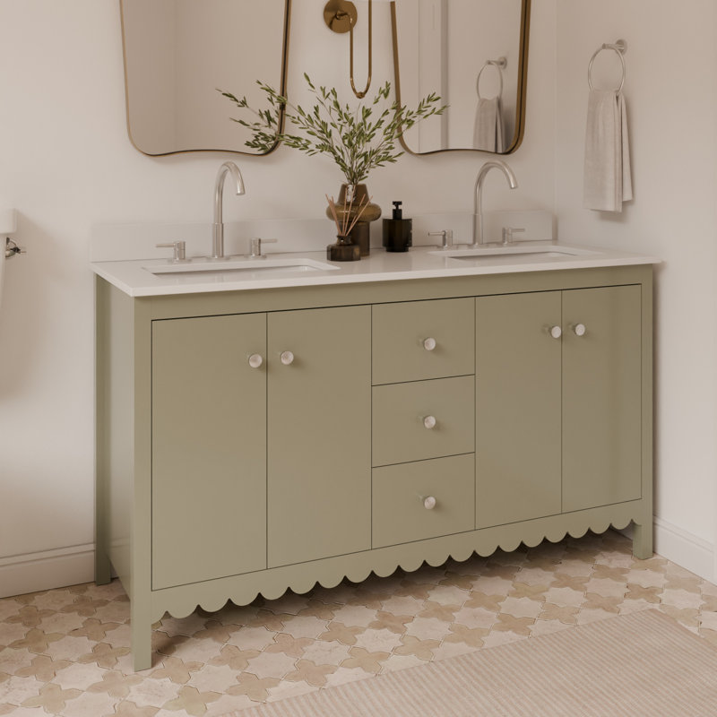 Meuble-lavabo festonné à double cuve 60 pouces - Satin olive - Avec plateau - Boutons en nickel brossé, Green/Brushed Nickel