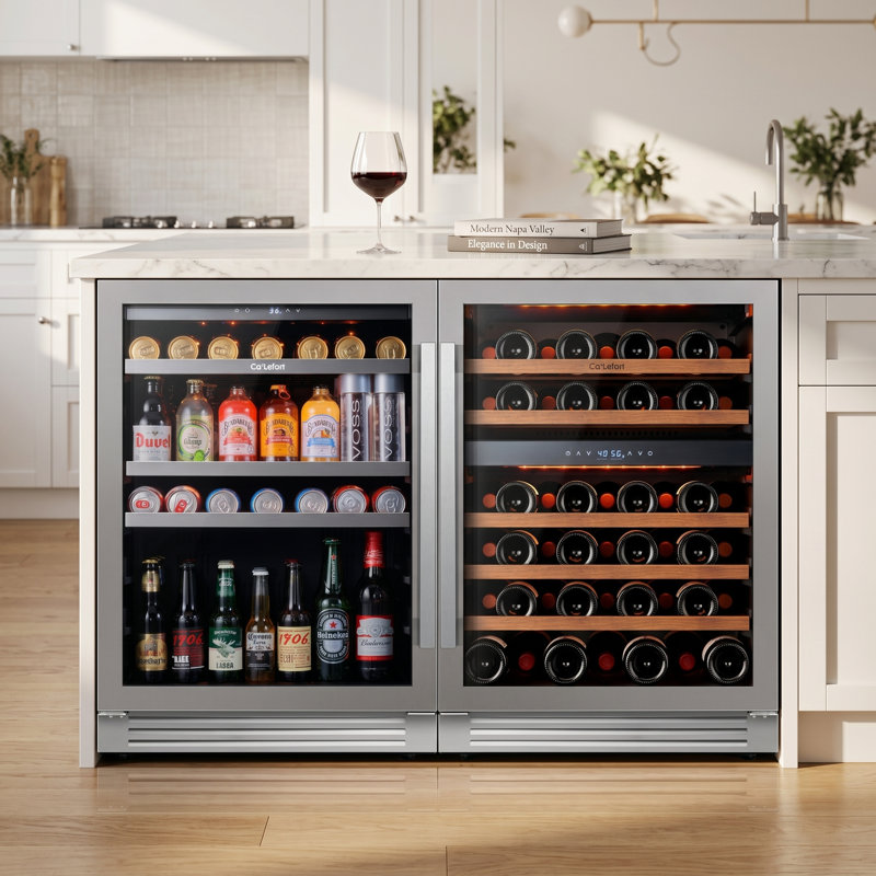 24 In Wine&beverage Refrigerator Combination, 3-Temperature Zones,24" Dual-Zone Wine & Beverage Fridge– 52-Bottle Dual-Zone Wine Fridge + 200-Can Beverage Cooler, Built-In/Freestanding, Stainless Steel, UV Glass, Adjustable Shelves, LED Light(2 Units)
