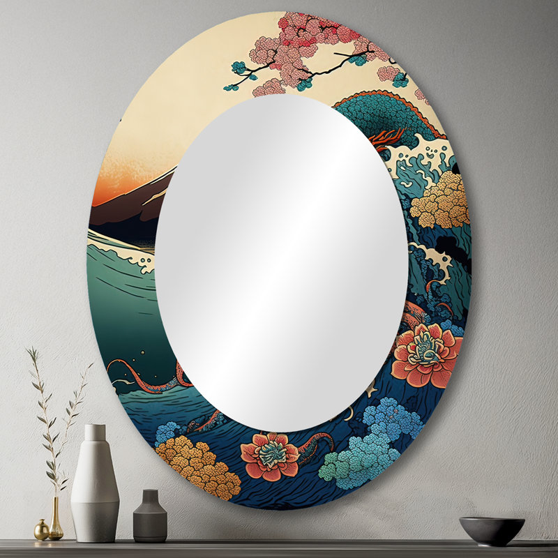 Paysage japonais avec lezard - Miroir décoratif paysager ovale sur métal, 43 po x 33 po