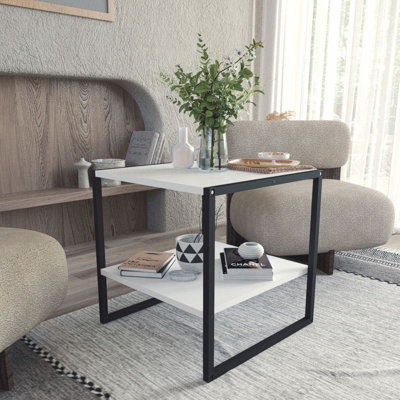 Wooden Coffee Table 50cm Square Metal Frame Storage Shelf Home Decor