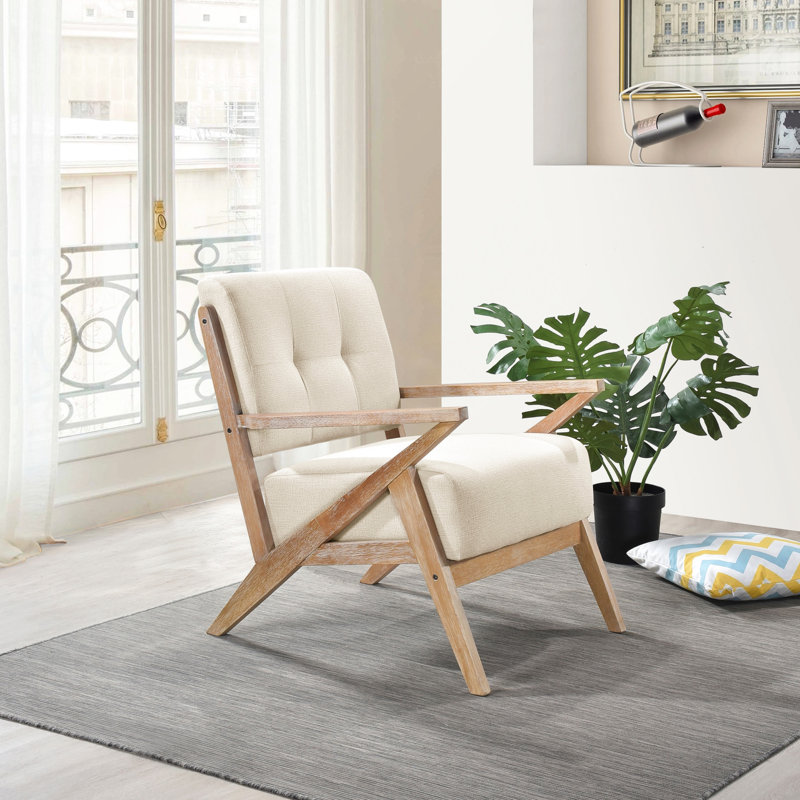 Fauteuil à dossier moderne, tissu 100% sable, bois massif, revêtement en sable de 27,5 po de profondeur, profondeur, ameublement