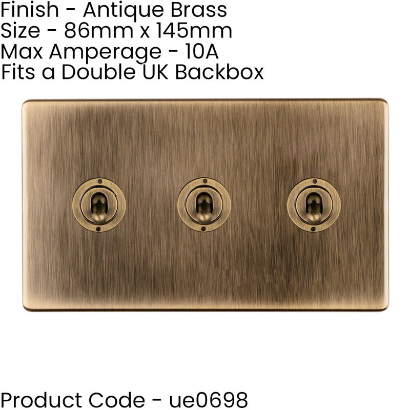 2 PACK 3 Gang Triple Retro Toggle Light Switch SCREWLESS MATT BLACK 10A 2 Way, Antique Brass, Gold