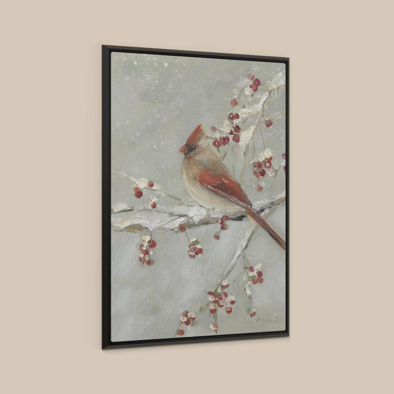 Cardinal sur Snowy Branch II par Sally Swatland - Graphisme sur toile, H 60 po x l 40 po, Cadre flottant biseauté, Noir