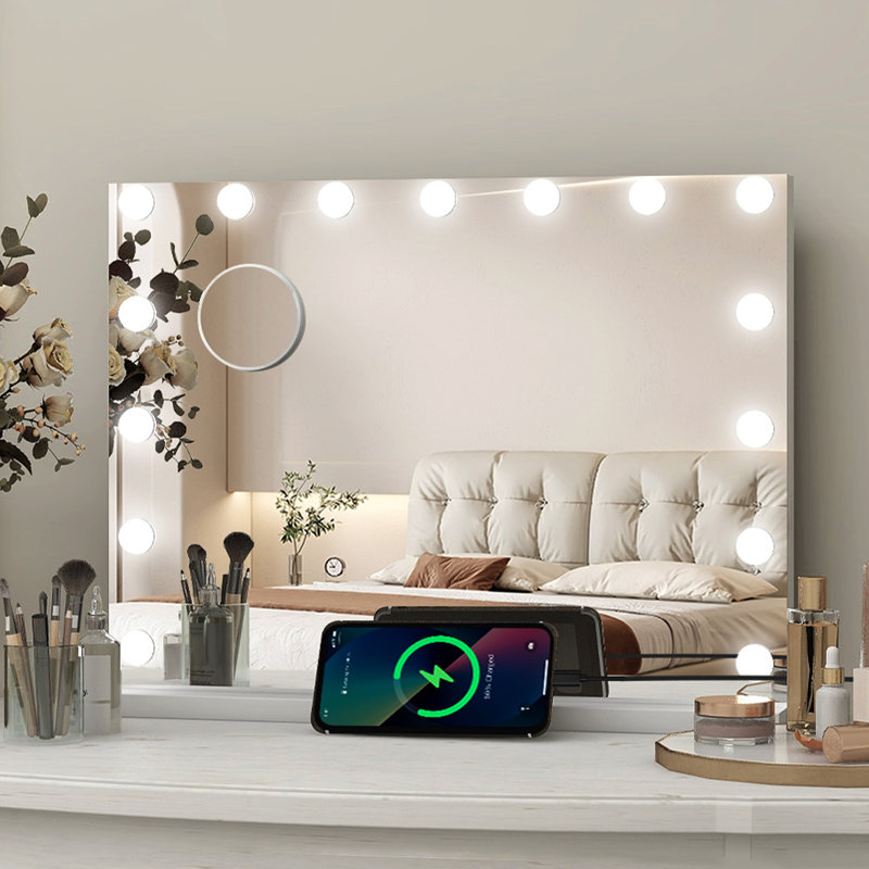 58 x 45cm LED Vanity Mirror with 10x Magnifying Mirror, Illuminated Dressing Table Mirror with USB Port, 3 Colour Modes & Dimmable Light