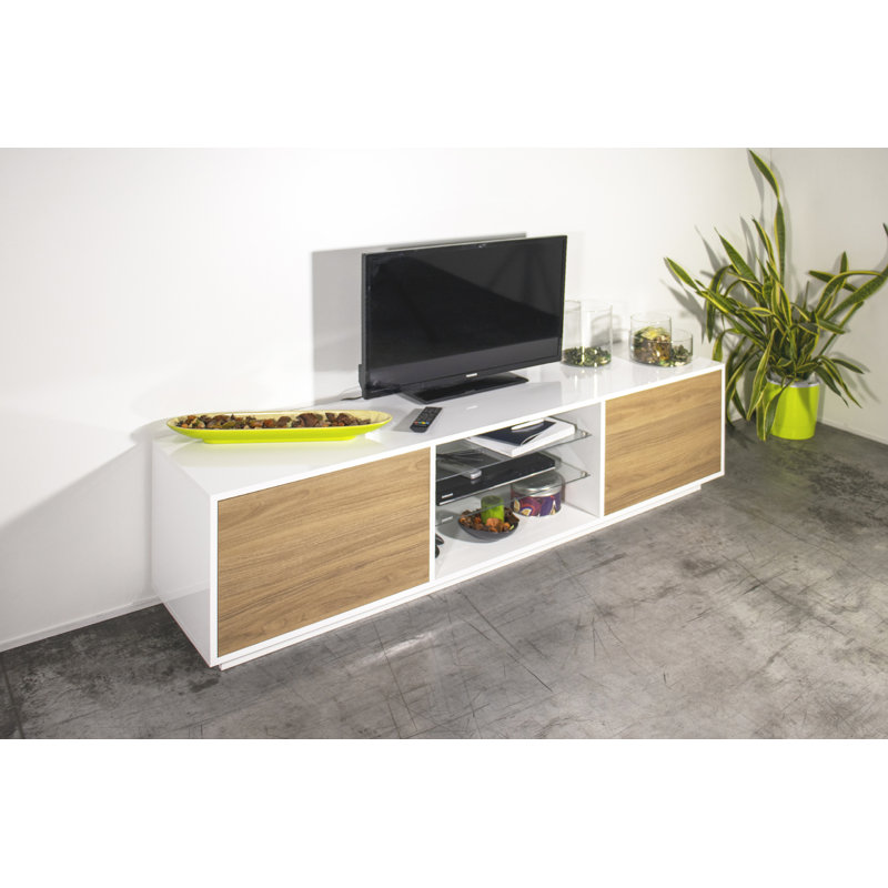 Jahyden Unfinished TV Stand for TVs up to 78", White Glossy/Walnut