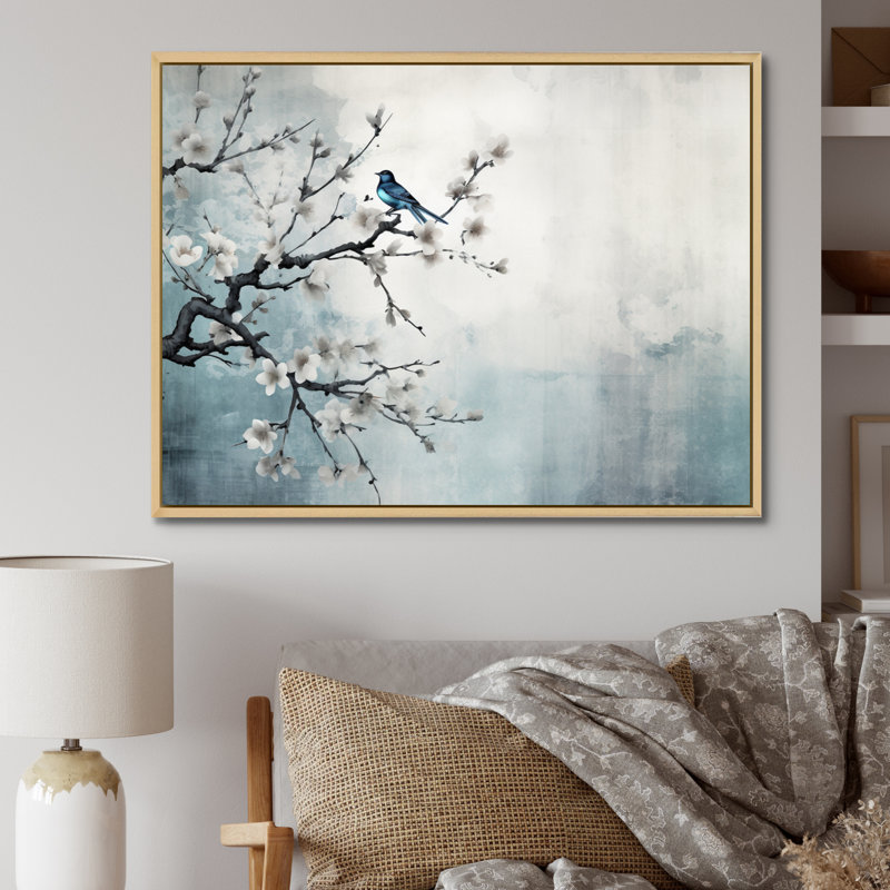 Art asiatique, Sumi oiseau sérénité, art asiatique, Cadre flottant érable, H 12 po x l 20 po x P 1 po