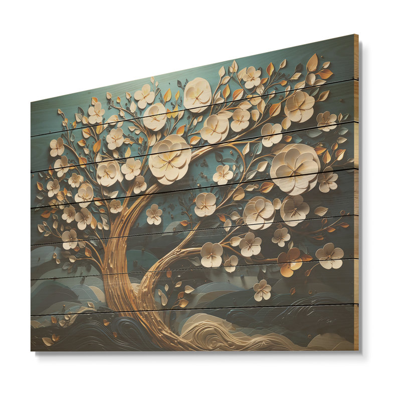 Orchidée bleue et blanche dorée de branches VI - arbre sur bois, H 10 po x l 20 po x P 0,78 po