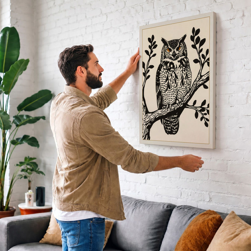 Owl in Balance Botanical - Wrapped Canvas, 36x24 - 91.4 x 61.0 cm, Teal Border