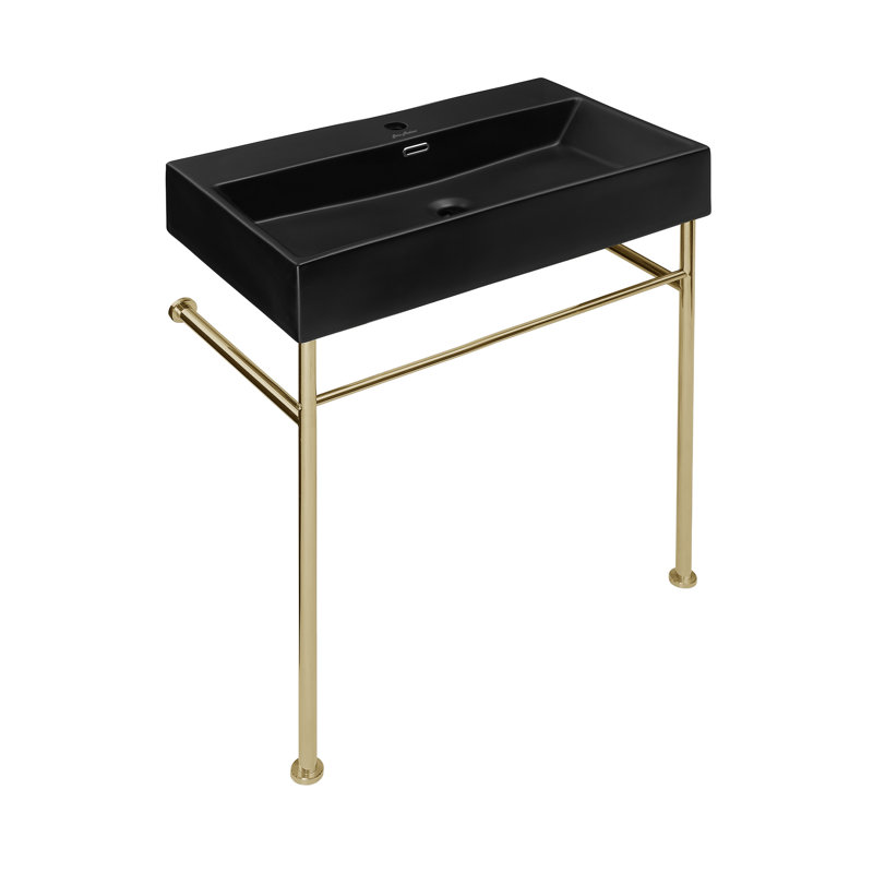 Claire 30" Ceramic Console Sink White Basin, Black/Gold