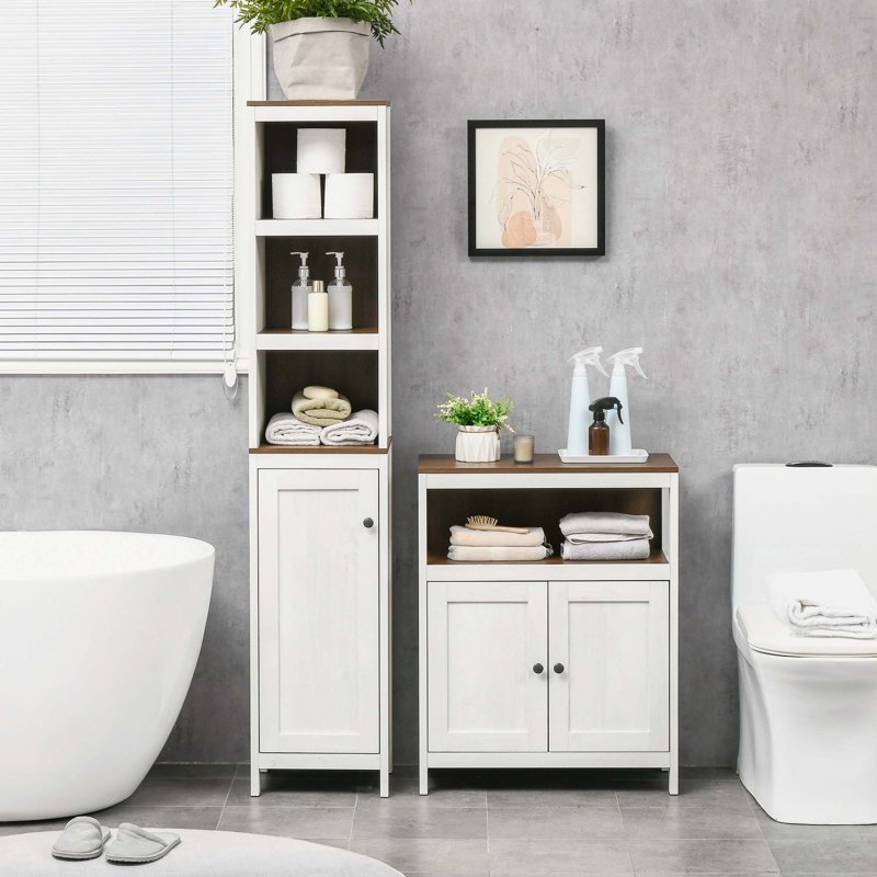 Armoire de salle de bain haute avec tiroir et tablettes à lattes,