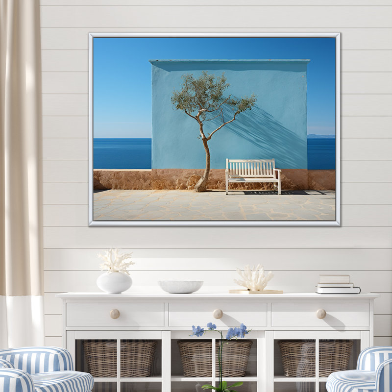 Arbre avec un banc, horizon de la Grèce - art mural nautique et plage, salon, H 16 po x l 32 po x P 1 po