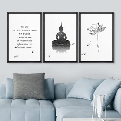 IDEA4WALL Framed Canvas Print Wall Art Set Buddha Lotus Motivational Saying Typography Nature Cultural Illustrations Modern Art Contemporary Decorativ