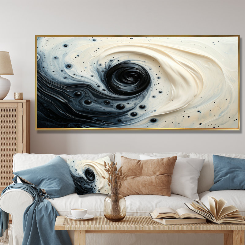 Corby noir et blanc «Sprial Rhythic Ink River III» - peinture murale, H 28 po x l 60 po, Impression encadrée flottante, Doré