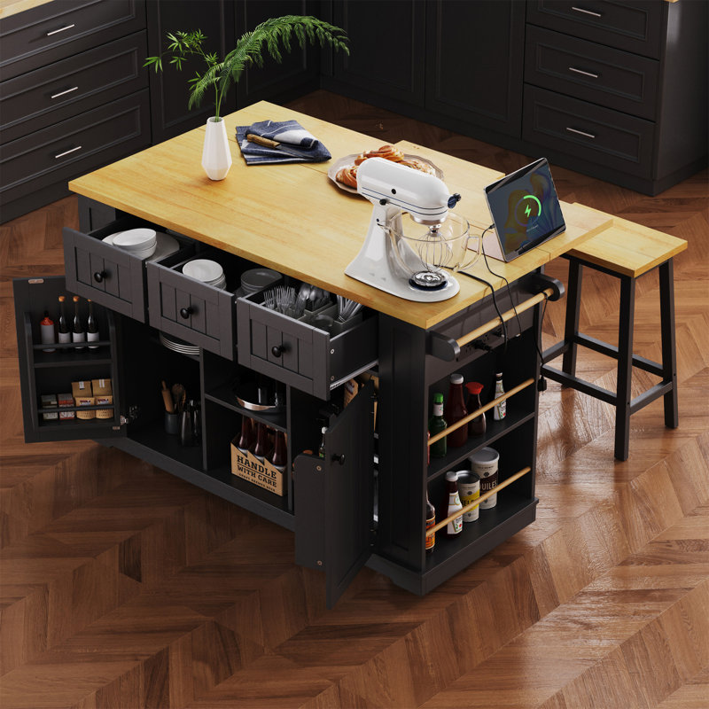 Grand îlot de cuisine de 53 pouces avec 2 tabourets de bar, Noir