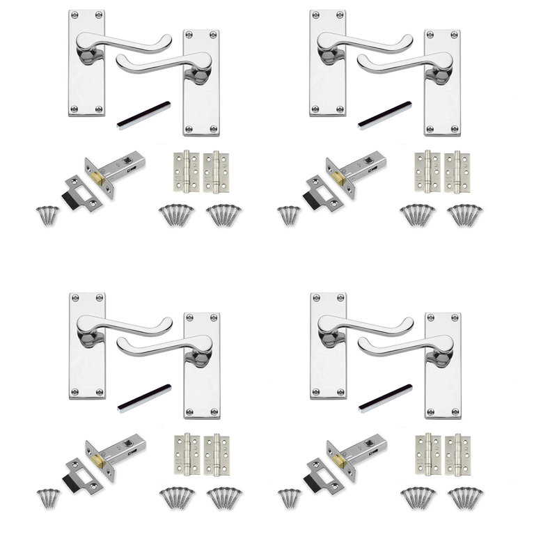 Golden Grace 4 Sets Victorian Scroll Latch Door Handles in Polished Chrome with 1 Pair of 3" Ball Bearing Hinges & Latches Pack - 120mm x 40mm Backplate