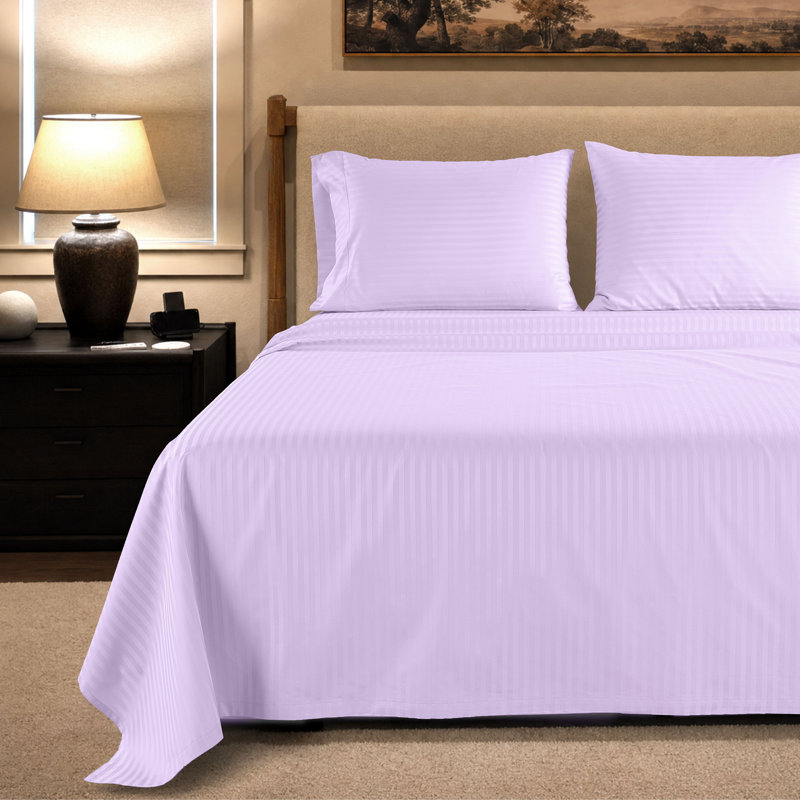 600 Thread Count 100% Cotton Sheet set in Sateen Weave, Twin Sheet Set with 1 Pillowcase, Lilac Damask, Stripe