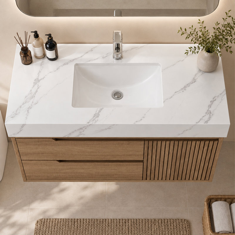 Meuble-lavabo suspendu de 91 cm (35,8 po) avec comptoir en pierre frittée et lavabo encastré en céramique, armoire de salle de bain d'aspect bois