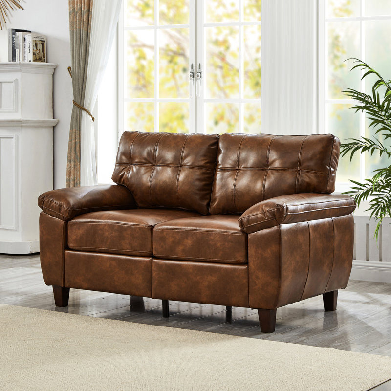 59 po, cuir PU brun respirant, conception moderne, avec rangement, structure en bois massif, grand accoudoir à coussin de dossier, coussin de siège à ressorts,