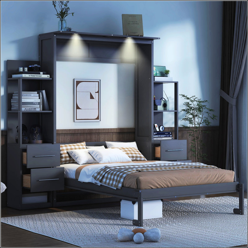 Lit escamotable double pleine grandeur avec tablettes, Gris, Double
