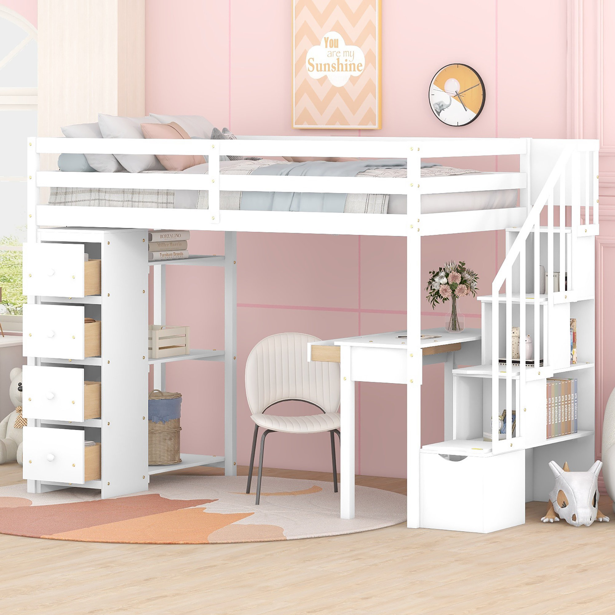 Marcell Loft Bed with Slide Tent and Tower, Rustic Pinewood and MDF Harriet Bee Color: White, image size:2000x2000