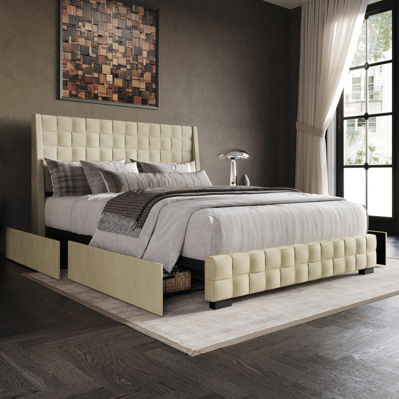 Dyisha Upholstered Unfinished Wingback Storage Bed, Champagne, King
