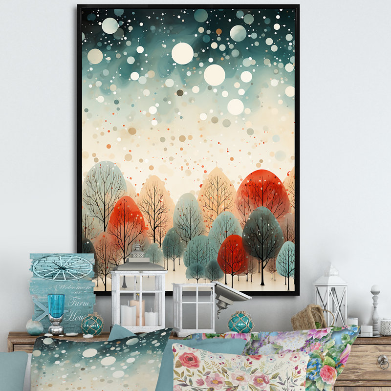 Orange et vert pin de Noël festif III - forêt, art mural, Cadre flottant noir, 32" H x 16" W