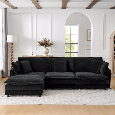 L-Shaped Sectional Sofa with Ottoman, Convertible Oversized 4 Seater Couch Towel Fabric - Black