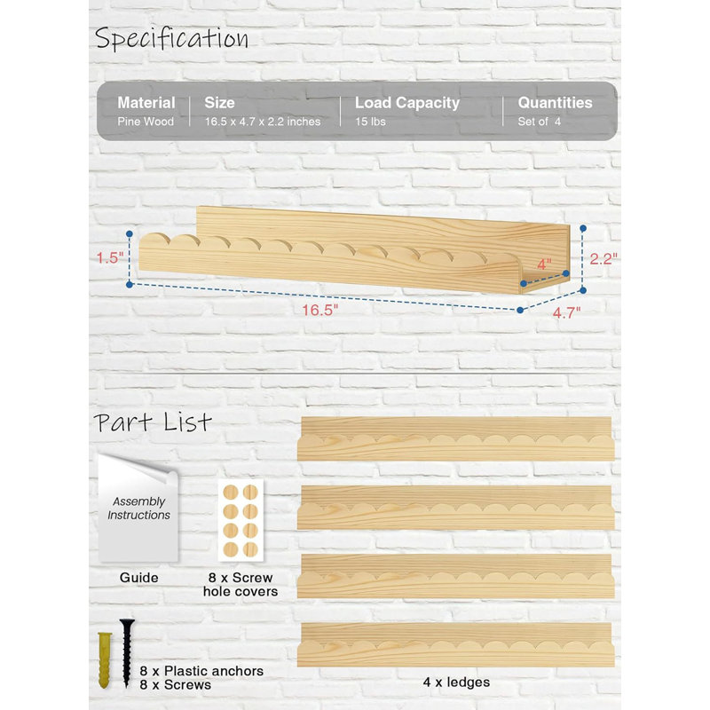 Étagères flottantes, lot de 4, en bois naturel