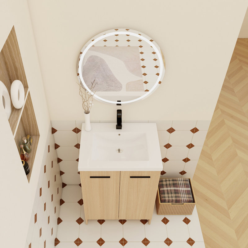 Meuble-lavabo autoportant de 24 po avec lavabo en résine, chêne clair, rangement à double porte, prêt à assembler, avec poignées en aluminium noir et brossé