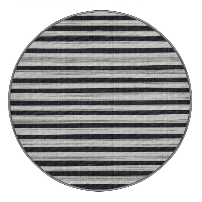  Tapis gris clair lavable à rayures gris foncé, Rond 5 pi
