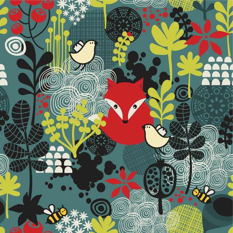 Birds, Fox And Flowers by Ekapanova - Wrapped Canvas Print, 51cm H x 51cm W