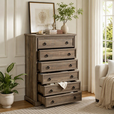 Grande commode de chambre moderne à six tiroirs avec sécurité anti-surmatelas, assemblage sans effort, rangement spacieux et touche médiévale distinctive