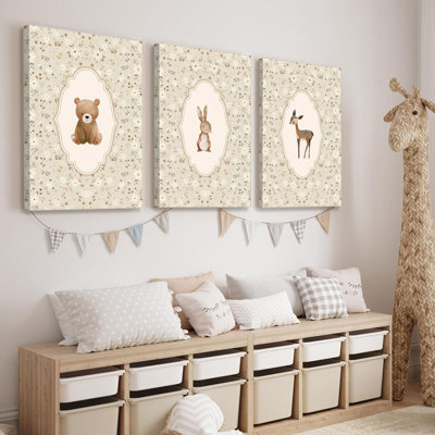 Rétro animaux de la forêt pépinière, art mural sur toile mignonne lapin, cerf, image murale, affiche de campagne, reproduction d'art, œuvre d'art neutre pour chambre de filles, chambre d'enfants, chambre de bébé, ferme, décors