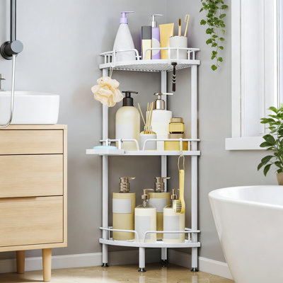 Consumest 3-Tier Corner Shower Caddy Stand With Adjustable Feet, No-Swing Design, Soap Holder And 4 Hooks For Bathroom Storage Organization