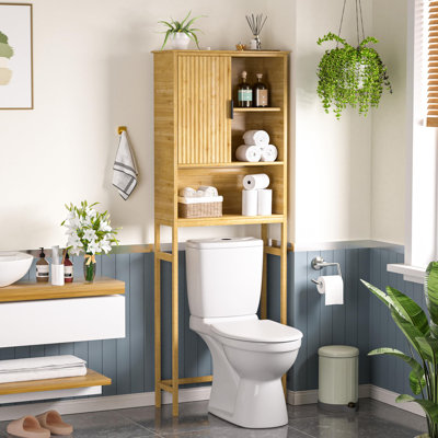 Rangement au-dessus de la toilette avec portes cannelées, organisateur de salle de bain autoportant en bambou naturel avec tablette réglable