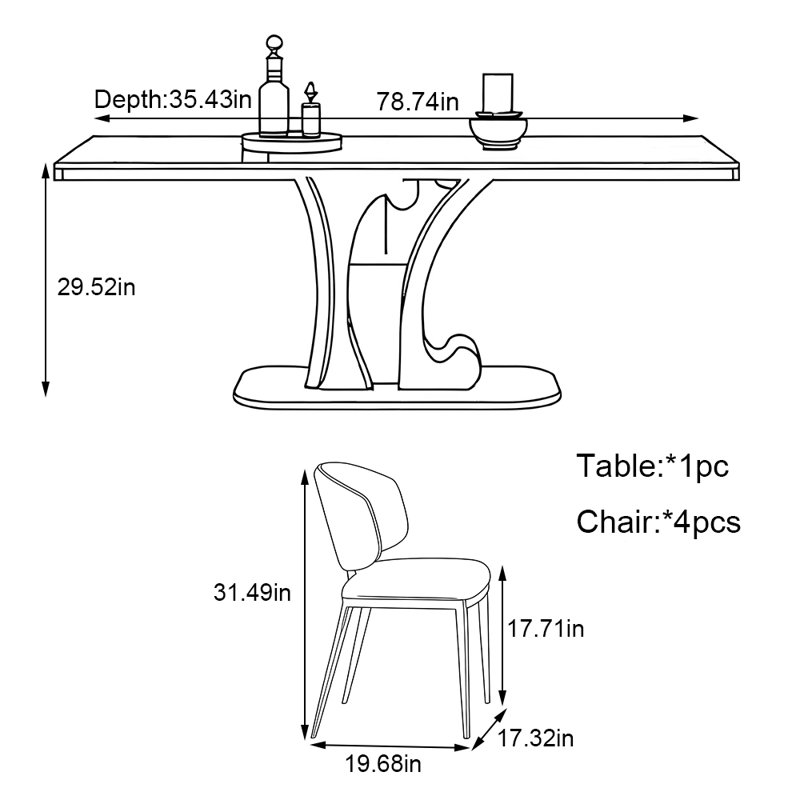 Rectangular stainless steel dining table set, 29.52"H x 78.74"L x 35.43"W