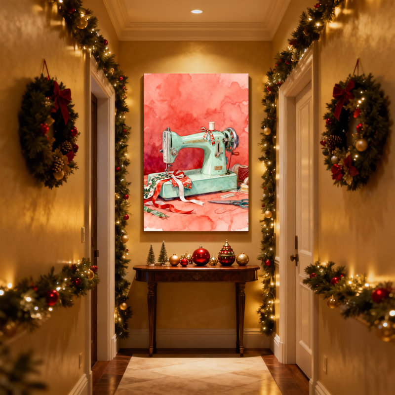 Machine à coudre de Noël avec ruban et ciseaux, ensemble de 3 impressions sur toile, H 18 po x l 12 po