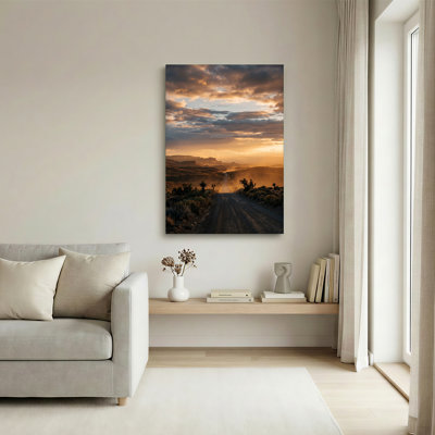 «Winding Dirt Road Through Desert Mountains At Sunset», art mural sur toile